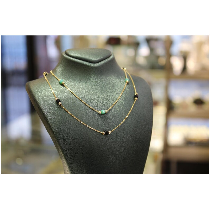 14K Gold Dorica Bead Black & Green Chain Necklace, Dorica Gold Chain, Jewelry for Women, Bead Gold Necklace, Women Gold Chain