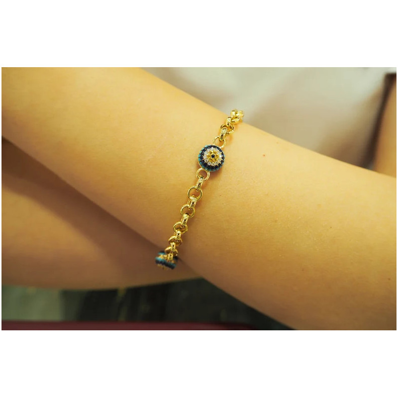 Gold Chain Bracelet, 14k Evil Eye, Italian Bracelet 14k Rolo chain