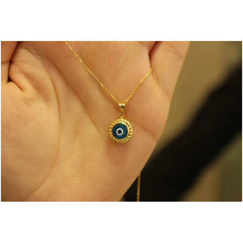 14k Gold Evil Eye Pendant, 14k Gold Evil Eye Protection Necklace, Gold Pendant, Minimalist Necklace, Blue Eye Charm